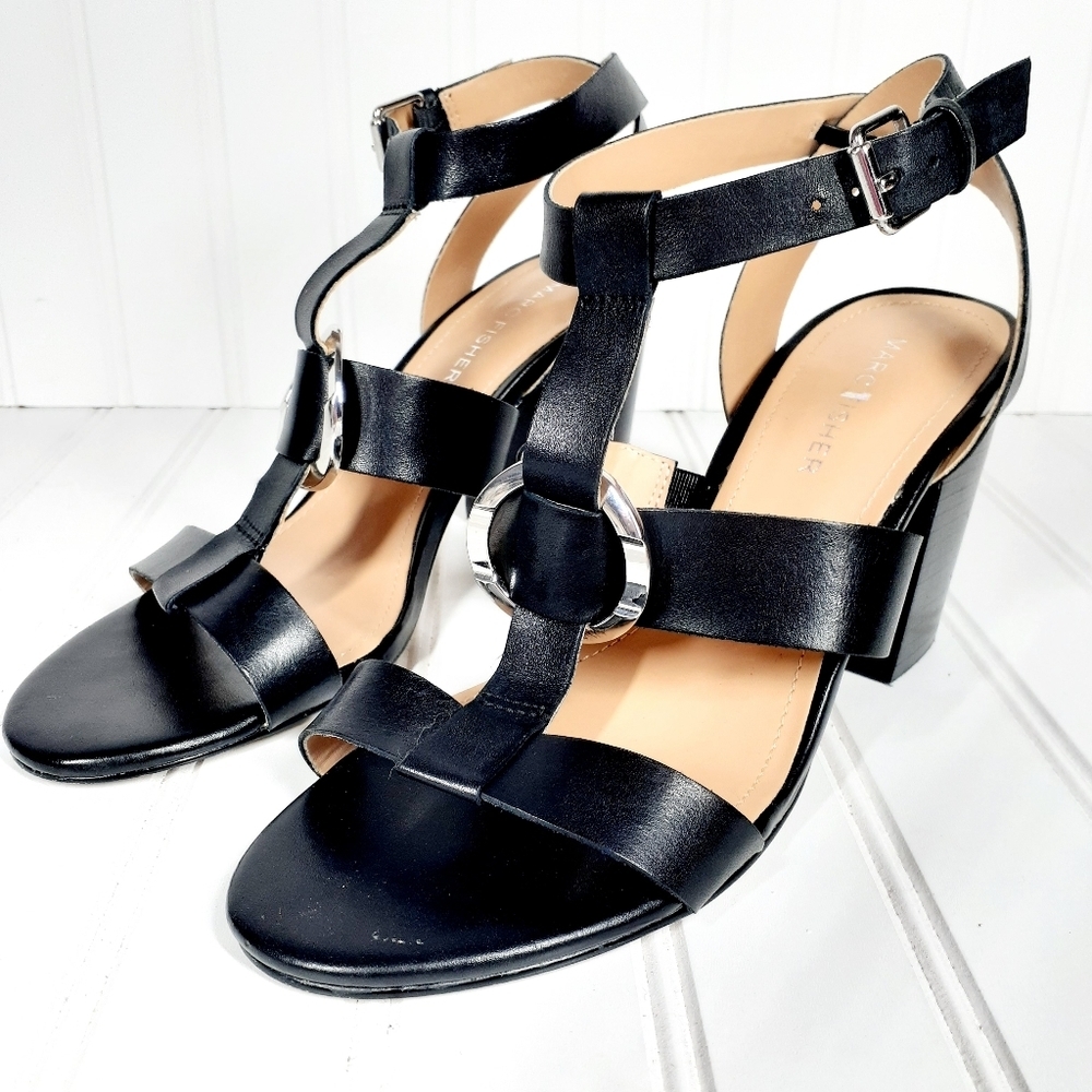 Marc Fisher Walina Black Leather Heeled Sandal E802